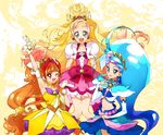  ;d amanogawa_kirara aqua_eyes arm_warmers armpits asa_(ja0520) bare_shoulders blonde_hair blue_eyes blue_hair bow choker cure_flora cure_mermaid cure_twinkle dress earrings flower flower_earrings flower_necklace frilled_dress frills gloves go!_princess_precure gradient_hair hair_ornament hair_ribbon half_updo haruno_haruka highres jewelry kaidou_minami knees_together_feet_apart long_hair magical_girl midriff multicolored_hair multiple_girls navel necklace one_eye_closed open_mouth orange_hair pink_bow pink_hair pink_skirt ponytail precure puffy_short_sleeves puffy_sleeves purple_eyes purple_hair quad_tails red_hair ribbon seashell_earrings short_sleeves skirt smile star star_earrings streaked_hair twintails two-tone_hair v very_long_hair wavy_hair 