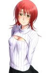  blush bonnie_(rsg) cleavage_cutout hino_kahoko la_corda_d'oro looking_at_viewer meme_attire open-chest_sweater red_hair ribbed_sweater short_hair solo sweater turtleneck yellow_eyes 