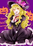  alternate_costume blonde_hair bow braid candy food hair_bow halloween happy_halloween hat jack-o'-lantern kirisame_marisa lollipop long_hair ribbon rosette_(roze-ko) solo star touhou witch_hat yellow_eyes 