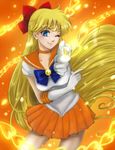  aino_minako bishoujo_senshi_sailor_moon blonde_hair blue_eyes bow chain choker contrapposto cowboy_shot earrings elbow_gloves ginshima_jill gloves hair_bow half_updo heart highres jewelry long_hair magical_girl one_eye_closed orange_background orange_choker orange_sailor_collar orange_skirt pointing pointing_at_viewer red_bow sailor_collar sailor_senshi_uniform sailor_venus skirt solo standing tiara venus_love_me_chain very_long_hair white_gloves 