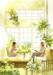  ^_^ ^o^ book closed_eyes crossed_legs day glass indoors light_rays looking_at_another multiple_girls open_book open_mouth original plant potted_plant profile psd railing reading sitting sunlight table transparent vase window 
