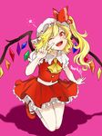  artist_name ascot blonde_hair flandre_scarlet hat highres one_eye_closed open_mouth red_eyes ribbon rosette_(roze-ko) short_hair side_ponytail smile solo touhou v wings 