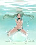  blush glasses green_hair kubocha long_hair looking_at_viewer open_mouth original solo swimsuit twintails underwater 