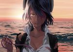  blood blood_on_face breasts cardigan checkered checkered_neckwear cleavage collarbone collared_shirt eyepatch eyepatch_removed hair_over_one_eye headgear holding injury kantai_collection mayumio88 medium_breasts messy_hair necktie ocean outdoors purple_hair ribbon shirt short_hair solo sunset tears tenryuu_(kantai_collection) torn_clothes torn_shirt untied upper_body white_shirt yellow_eyes 