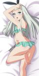  1boy aqua_eyes artist_name ass back barefoot bed_sheet bikini blend_s blush dakimakura danmakuman dated frilled_bikini frills from_behind hairband kanzaki_hideri long_hair looking_at_viewer open_mouth polka_dot polka_dot_bikini silver_hair soles solo swimsuit tongue upper_teeth 