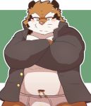  2019 anthro belly blush canine clothed clothing green_eyes male mammal navel nikiciy open_shirt shirt simple_background slightly_chubby solo tanuki underwear 