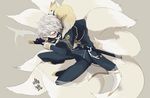  aburi_(nikujiu) animal animal_on_shoulder armor bad_id bad_pixiv_id earrings fox gloves japanese_armor jewelry magatama magatama_earrings male_focus mask menpoo nakigitsune nakigitsune's_fox sheath silver_hair solo sword tail touken_ranbu translated uniform weapon yellow_eyes 