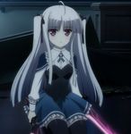  absolute_duo long_hair pleated_skirt purple_eyes school_uniform screencap silver_hair skirt sword thighhighs twintails weapon yurie_sigtuna 