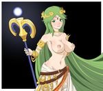  armlet bracelet breast_hold breasts green_eyes green_hair jacobv jewelry kid_icarus large_breasts long_hair navel nipple_tweak nipples palutena staff topless very_long_hair 