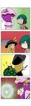  4koma :d abbreviated_karakusa absurdres anger_vein angry animal_ears bag black_dress blonde_hair book book_hug broom broom_riding capelet chibi clenched_teeth comic dress faceplant flying_sweatdrops green_hair happy hat highres holding holding_book hole kasodani_kyouko kirisame_marisa long_sleeves looking_at_another mob_cap multiple_girls open_mouth patchouli_knowledge purple_hair rakugaki-biyori sack shaded_face silent_comic smile tail tail_wagging teeth touhou wall witch_hat 