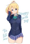  absurdres adjusting_hair ayase_eli bad_id bad_pixiv_id blazer blonde_hair blue_eyes bow cropped_legs dated hand_to_head happy_birthday highres jacket long_sleeves looking_at_viewer love_live! love_live!_school_idol_project otonokizaka_school_uniform pleated_skirt school_uniform skirt smile solo tigersaber white_background 