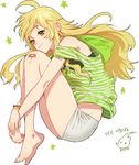  ahoge artist_name bad_id bad_pixiv_id bandaid bandaid_on_knee bare_shoulders barefoot blonde_hair bracelet fetal_position from_side full_body green_eyes hands_together hoshii_miki idolmaster idolmaster_(classic) jewelry korean leg_hug long_hair looking_at_viewer lying plantar_flexion rod_(rod4817) shirt simple_background smile solo striped striped_shirt tank_top white_background 