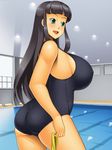  1girl ass black_hair breasts kawanuma_uotsuri large_breasts long_hair pool solo swimming_pool swimsuit 
