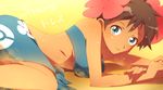  aqua_eyes bandeau bare_shoulders blue_sarong breasts brown_hair dark_skin elite_four flower fuyou_(pokemon) hair_flower hair_ornament highres lying medium_breasts midriff parted_lips pokemon pokemon_(game) pokemon_oras pokemon_rse print_sarong saku_anna sand sarong short_hair smile solo strapless sweat underboob yellow_background 