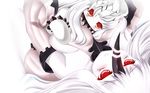  3: ahoge bed_sheet breasts claws detached_sleeves highres horn horns hug kantai_collection large_breasts lilybell long_hair lying mittens multiple_girls northern_ocean_hime red_eyes seaport_hime shinkaisei-kan sideboob white_hair white_skin 