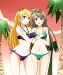  ayase_eli bikini blonde_hair blue_eyes brown_eyes brown_hair cutie_panther green_bikini long_hair love_live! love_live!_school_idol_project minami_kotori multiple_girls palm_tree pure_girls_project swimsuit tree wewe 