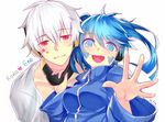  1girl aki663 blue_eyes blue_hair couple ene_(kagerou_project) headphones hetero kagerou_project konoha_(kagerou_project) long_hair red_eyes silver_hair smile twintails 