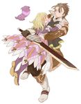  1girl alvin_(tales) blonde_hair boots brown_hair closed_eyes creature dress elize_lutus highres hug long_hair purple_footwear sakuraya short_hair smile sword tales_of_(series) tales_of_xillia teepo_(tales) weapon 