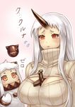  ahoge aircraft airplane alternate_costume between_breasts breasts cleavage cleavage_cutout commentary flying_sweatdrops horn horns huge_breasts kaizeru kantai_collection long_hair meme_attire mittens multiple_girls northern_ocean_hime object_on_breast open-chest_sweater orange_eyes pale_skin seaport_hime shinkaisei-kan silver_hair sweater translated 