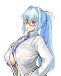  blue_eyes blue_hair blush breasts copyright_request covered_nipples glasses hair_intakes hand_on_hip large_breasts long_hair necktie ponytail red-framed_eyewear shirt simple_background sketch solo tsuda_nanafushi white_background white_shirt 
