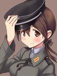 a9b_(louis814) blush brown_background brown_eyes brown_hair gertrud_barkhorn hair_ribbon hat highres long_hair military military_uniform peaked_cap ribbon simple_background smile solo strike_witches twintails uniform world_witches_series 