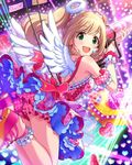  :d ahoge artist_request back bangs blonde_hair blush bow curly_hair dress fake_halo fake_wings feathered_wings green_eyes halo headset heart idolmaster idolmaster_cinderella_girls long_hair looking_at_viewer official_art open_mouth pink_dress satou_shin smile solo swept_bangs twintails wings 