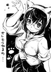  animal_ears blush breasts fake_animal_ears glasses greyscale kubocha large_breasts lowres monochrome original paw_print smile solo translation_request 