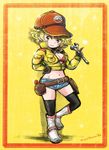  baseball_cap bikini_top blonde_hair boots breasts cidney_aurum cleavage cropped_jacket denim denim_shorts final_fantasy final_fantasy_xv green_eyes hat jacket looking_at_viewer medium_breasts midriff navel short_shorts shorts shouta_(shbz) smile solo thighhighs wrench 