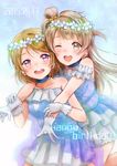  2girls :d ;d bare_shoulders blue_background blue_dress blush bow brown_eyes brown_hair choker dated dress earrings flower flower_wreath frills gloves gradient gradient_background hair_bow half_updo happy_birthday head_wreath highres hug hug_from_behind idol jewelry koizumi_hanayo long_hair looking_at_viewer love_live! love_live!_school_idol_project minami_kotori multiple_girls one_eye_closed one_side_up open_mouth purple_eyes short_hair smile suito white_background yellow_eyes yume_no_tobira 