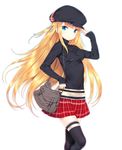  bag bangs black_legwear blonde_hair blue_eyes breasts hair_ribbon hat long_hair long_sleeves looking_at_viewer medium_breasts original plaid plaid_skirt ribbon simple_background skirt solo thighhighs very_long_hair zettai_ryouiki zizi_(zz22) 