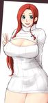  alternate_costume arm_behind_back bow braid breasts cleavage cleavage_cutout cowboy_shot curvy dress green_eyes hair_bow hair_over_shoulder hand_up hong_meiling huge_breasts long_hair long_sleeves meme_attire neko_majin open-chest_sweater open_mouth red_hair single_braid smile solo sweater sweater_dress teeth thighs tongue touhou turtleneck v white_background 