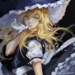  bad_id bad_pixiv_id biting black_dress blonde_hair character_name dress error fancybetty glove_biting gloves hat kirisame_marisa long_hair looking_at_viewer mouth_hold puffy_short_sleeves puffy_sleeves shirt short_sleeves solo touhou typo upper_body white_gloves witch_hat yellow_eyes 
