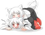  animal_ears bare_shoulders blush detached_sleeves dual_persona highres inubashiri_momiji mono_(moiky) multiple_girls open_mouth red_eyes short_hair silver_hair skirt smile tail tail_wagging touhou white_hair wolf_ears wolf_tail 