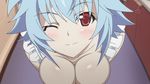  1girl animated animated_gif blue_hair blush bouncing_breasts breasts cleavage infinite_stratos large_breasts naked_apron one_eye_closed out-of-frame_censoring out_of_frame red_eyes sarashiki_tatenashi short_hair wink 