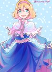  alice_margatroid artist_name blonde_hair blue_eyes capelet dress hairband open_mouth ribbon rosette_(roze-ko) short_hair skirt_hold smile snow solo touhou 