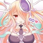  bare_shoulders blush breasts crossed_fingers dress fingernails fingers_to_mouth hair_over_one_eye hat hat_ribbon heart large_breasts long_hair marshmallow_mille no pandora_(p&amp;d) pink_eyes puzzle_&amp;_dragons ribbon smile solo very_long_hair 