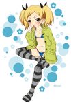  bikini black_eyes blonde_hair cameltoe candy feet food highres jacket lollipop mole mole_under_eye mudou_eichi navel shirobako short_hair sitting socks solo striped striped_legwear swimsuit thighhighs toes twintails yano_erika 