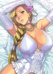  arms_up bianca blonde_hair blue_eyes blush braid breasts choker cleavage dragon_quest dragon_quest_v elbow_gloves flower gloves hair_flower hair_ornament hair_over_shoulder homare_(fool's_art) jewelry large_breasts lingerie lips long_hair necklace parted_lips single_braid solo underwear white_gloves 