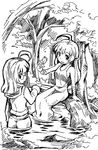  bird forest greyscale kubocha long_hair looking_back monochrome multiple_girls nature open_mouth pointy_ears smile 