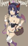  :t bandages bare_shoulders basket boots braid breasts bustier choker cleavage copyright_request demon_tail doughnut eating fake_horns food food_on_face from_above fur_boots hairband halloween happy_halloween horns jpeg_artifacts knee_boots looking_at_viewer medium_breasts musashimaru nail_polish navel purple_eyes purple_footwear purple_hair ribbon_choker short_twintails simple_background solo stitches tail tattoo twin_braids twintails wings wrist_cuffs 