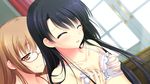  1boy 1girl blush bra breasts brown_hair chuablesoft eyes_closed game_cg glasses highres kirihara_misuzu kunai_uri noblesse_of_rouge oohinata_toshiya open_mouth orange_eyes trap underwear 