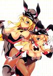  alternate_costume animal_ears bare_shoulders bismarck_(kantai_collection) black_gloves blonde_hair blue_eyes blush boots bow bowtie breasts bunny_ears bunny_girl bunny_tail bunnysuit cherry cleavage cocktail_glass cup detached_collar detached_sleeves drinking_glass fishnet_pantyhose fishnets food fruit gloves green_eyes hat highres kantai_collection large_breasts long_hair looking_at_viewer military multiple_girls one_eye_closed pantyhose peaked_cap pochi_(pochi-goya) prinz_eugen_(kantai_collection) tail thighhighs thighhighs_over_pantyhose tray twintails white_gloves wrist_cuffs 