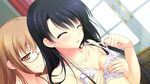  1boy 1girl blush bra breasts brown_hair chuablesoft eyes_closed game_cg glasses highres kirihara_misuzu kunai_uri noblesse_of_rouge oohinata_toshiya open_mouth orange_eyes trap underwear 