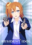  440 aiming_at_viewer blue_eyes bow brown_hair dual_wielding gun hair_bow handgun highres holding holding_gun holding_weapon kousaka_honoka looking_at_viewer love_live! love_live!_school_idol_project one_side_up open_mouth parody pistol resident_evil short_hair skirt solo weapon 