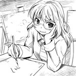  blush glasses greyscale hand_on_own_cheek kubocha long_hair looking_at_viewer monochrome original solo 