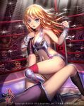  blonde_hair blue_eyes breasts cage choker cleavage copyright_name furyou_michi_~gang_road~ heart kneehighs leotard long_hair medium_breasts multiple_girls nail_polish navel o-ring scorpion shadowgrave tattoo thighhighs wrestling wrestling_outfit wrestling_ring 