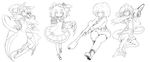  animal_ears chainsaw dress fox_ears fur greyscale gun highres lineart monochrome multiple_girls mushroom nagai_gojitsudan_no_nechronica overalls rifle sakurai_haruto sniper_rifle stitches weapon 