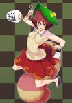 animal_ears armpits bare_arms blush breasts brown_eyes brown_hair checkered checkered_background clog_sandals collarbone futatsuiwa_mamizou glasses gourd hat hat_ribbon highres kakone leaf looking_at_viewer notepad pince-nez raccoon_ears raccoon_tail ribbon short_hair skirt sleeveless small_breasts smile solo tail touhou 