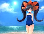  arms_behind_back ashley_(warioware) bangs beach big_hair black_hair blue_sky blush breasts byte_(grunty-hag1) closed_mouth cloud collarbone commentary_request competition_school_swimsuit covered_navel cowboy_shot day eyebrows_visible_through_hair frilled_swimsuit frills hairband long_hair looking_at_viewer ocean one-piece_swimsuit orange_hairband outdoors red_eyes school_swimsuit sidelocks sky small_breasts solo standing sun swimsuit twintails very_long_hair warioware 