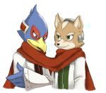  avian bird blush canid canine clothed clothing falco_lombardi fox fox_mccloud lilith_(artist) male male/male mammal nintendo scarf smile star_fox video_games 